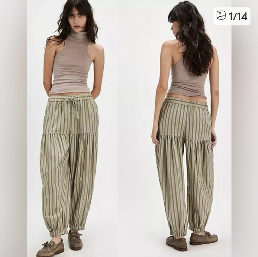Free People Striped Olive & Beige Drawstring Trousers